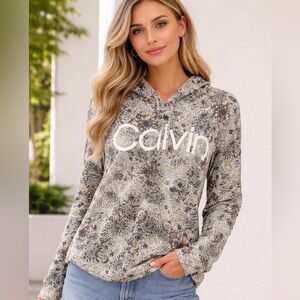 Calvin Klein Performance Gray floral print Sporty soft athletic cozy Hoodie